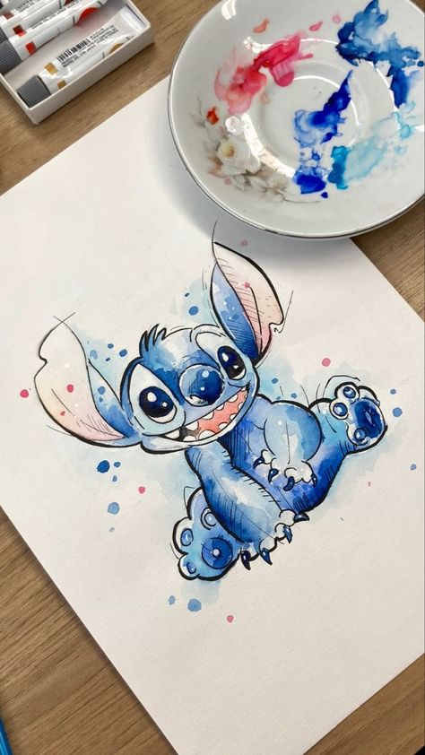 Stitch Watercolor, ليلو وستيتش, Stitch Tattoo, Ear Tattoo Ideas, Ear Tattoos, Lilo Et Stitch, World Wide Web, Disney Coloring Pages, Aesthetic Painting