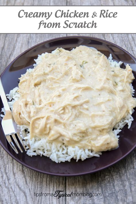 Creamy Chicken & Rice from Scratch- Tips From a Typical Mom Cream Of Chicken Rice, Creamy Chicken Rice, Creamy Sauce For Chicken, Cream Sauce For Chicken, Easy Shredded Chicken, Chicken Over Rice, Creamy Chicken Recipes, Chicken Rice Recipes, Creamy Chicken And Rice