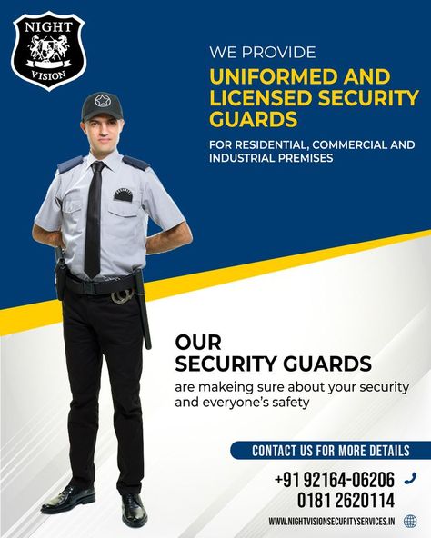 Professional Security Guard Services in Punjab Looking for Professional Security Guard Services in Punjab, then contact Night Vision Security Services. at +91 92164-06206, 0181-2620114 We provide Uniformed and Licensed Security Guards for Residential, Commercial and Industrial premises. Email: nightvisionsecurities@gmail.com #Security #Guard #SecurityGuard #SecurityGuardServices #SecurityGuardServicesPunjab #SecurityGuardCompany #Punjab #jalandhar #inddia Company Flyer, Security Guard Companies, Security Guard Services, Security Service, Security Guard, House Cleaning Tips, Night Vision, Clean House, Website Design