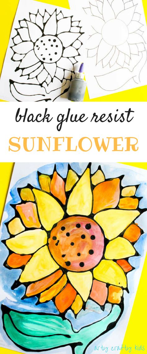 Arty Crafty Kids | Art | Black Glue Sunflower Art | A beautiful black glue sunflower art project for kids. Perfect for summer crafting. Middle School Crafts, Fall Leaf Art Projects, Sunflower Art Project, September Art, Valentine Art Projects, Black Glue, Spring Art Projects, Sunflower Crafts, Glue Art