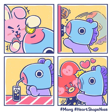 Many ways of using a heart-shaped nose! 🐴 💓 #MANG #BT21 Bts Cartoon, Bt21 Mang, Vhope Fanart, Chibi Bts, Bt 21, Bts Stuff, Bts Art, Kpop Bts, Bts Drawings