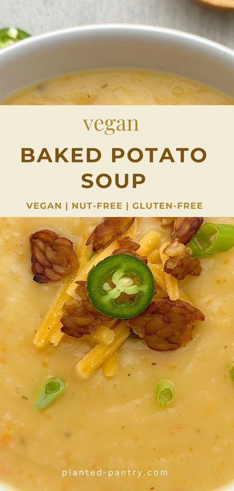 Enjoy this vegan twist on a classic. All of the flavors of loaded baked potato soup without the dairy. This soup is sure to satisfy. Dairy Free Potato Soup, Vegan Baked Potato, Chicken Potato Soup, Vegan Potato Soup, Easy Vegan Soup, Vegan Pot Pies, Cheesy Potato Soup, Cream Of Potato Soup, Potato Soup Easy