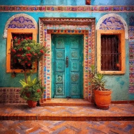 size: 12x12in Art Print: Mexican Door 1 by RileyB : New Mexican Decor Interior Design, Mexican Painted Doors, Exterior Mexican House, Spanish Door Design, Mexican Doors Entrance, Mexican Doors Spanish Style, Mexican Farmhouse Decor Hacienda Style, Mexican Colors Walls, Mexican Entryway