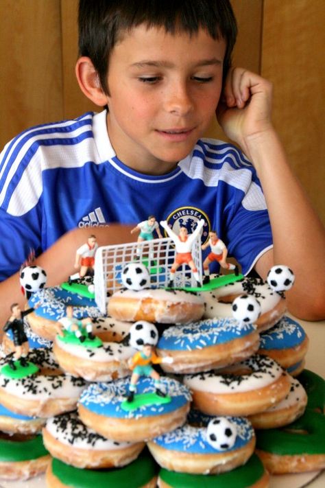 A cake made from a towering stack of Krispy Kreme glazed donuts made the best birthday cake EVER (according to the 10-year-olds)! No muss to make, no fuss to serve, this one is a winner. Krispy Kreme Birthday, Cars Mater, Donut Birthday Cake, Soccer Birthday Cakes, Soccer Cake, Cake Tower, Donut Cake, Birthday Donuts, Store Bought Cake