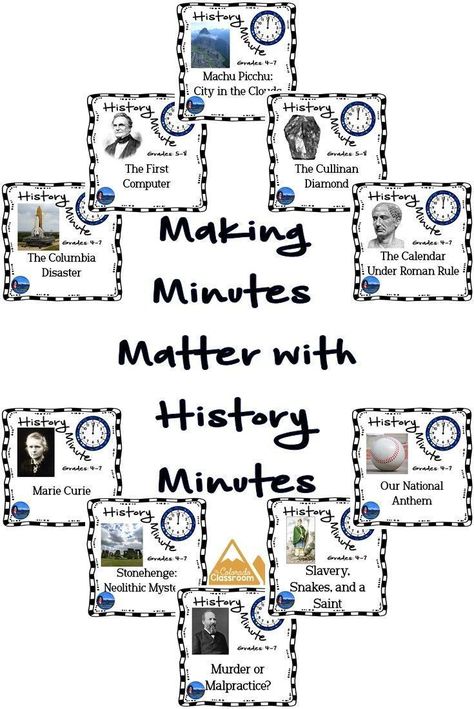 Integrate curriculum with History Minutes.  Social studies, close reading, geography, science, and/or math are all included.  Great for bell ringers, sub plans, integration, and more. 6th Grade Activities, Integrated Curriculum, Classroom Management Elementary, Middle School History, Teaching Themes, 6th Grade Social Studies, 8th Grade Science, Classroom Culture, Classroom Board