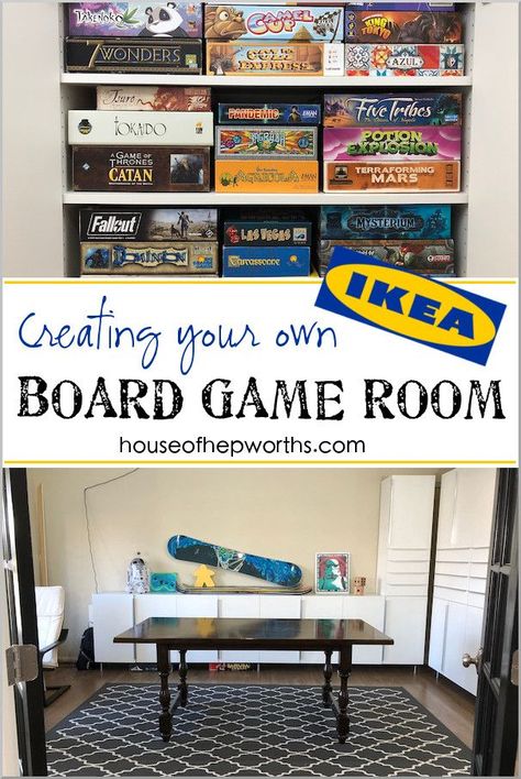 Turn a formal living into a board game room! We took our formal living and turned it into a designated board game room complete with IKEA sektion cabinets and Haggeby door fronts. Now we can all sit down together face-to-face and entertain ourselves with Board Games Room, Board Game Shelf, Ikea Sektion, Board Game Room, Small Game Rooms, Nerd Room, Game Cafe, Board Game Storage, Game Room Family