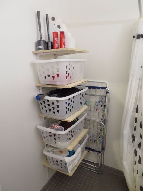 Laundry Sorting System, Space Saving Laundry, Basket Dresser, Laundry Basket Shelves, Laundry Basket Dresser, Organization Laundry, Dorm Hacks, Laundry Sorting, Small Laundry Room Makeover