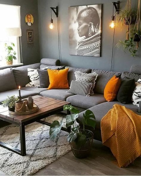 Post Image Fall Inspired Living Room, Cozy Living Room Warm, Alaska House, Grey Couch, Cozy Interior Design, Grey Couch Living Room, Living Room Warm, Living Room Orange, Living Room Decor Cozy