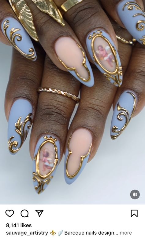 Angelic Nail Designs, Aura And French Nails, Ornate Nail Designs, Cute Nail Ideas With Charms, Cameo Nail Art, Angel Themed Nails, Aphrodite Inspired Nails, Cherub Nails Designs, Medusa Nails Art