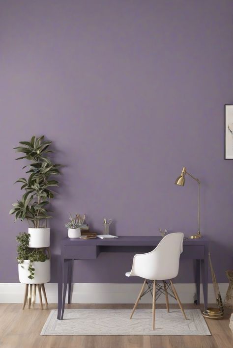 SLATEVIOLET Wall paint, Home Office décor, Trendy home decor, Interior design styles Studio Wall Color Ideas, Lavender Office Ideas, Purple Study Room, Study Room Color Ideas, Small Office Color Ideas Paint, Lavender Wall Color, Lilac Wall Paint, Calm Home Office, Purple Office Ideas