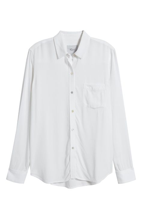 Expand your wardrobe options significantly with this flowy and versatile white button-up shirt. 27" length (size Medium) Front button closure Spread collar Long sleeves with button cuffs Chest patch pocket 100% rayon Hand wash, line dry Imported White Button Up Shirt Women, Plain Button Up Shirt, White Long Sleeve Button Up, Button Up Long Sleeve, Oversized White Button Down, White Button Up Shirt, White Dress Shirt, Collar Shirt, Button Ups