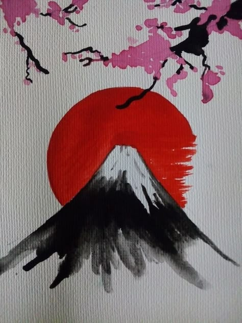 Japan Aesthetic Painting Easy, Chinese Art Simple, Japanese Easy Drawings, Tokyo Painting Easy, Japan Canvas Painting, Acrylic Japanese Painting, Japan Easy Drawing, Chinese Painting Easy, Japan Painting Easy