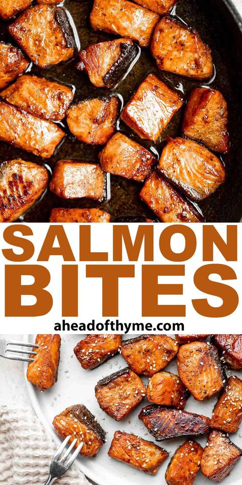 Seared Salmon Bites, Salmon Snacks Appetizers, Sauteed Salmon Bites, Pan Seared Salmon Bites, Salmon Appetizer Recipes Finger Foods, Teriyaki Salmon Bites, Smoked Salmon Bites, Salmon Bits, Honey Garlic Salmon Bites