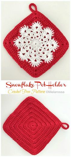 These winter crocheted potholders make excellent Christmas gifts. The white snowflake on the Christmas Red, blue or green background really make it stand out. This makes for a fun Christmas gift. We would love to invite you to join our Pinterest Group for the latest and be sure to follow our Crochet Page, too. Related: Winter Flower Snowflake … Pot Holder Crochet, Crocheted Potholders, Flower Snowflake, Crochet Pot Holders Free Pattern, Crochet Potholder Patterns, Crochet Knit Blanket, Crochet Snowflake, Christmas Crochet Patterns Free, Crochet Hot Pads