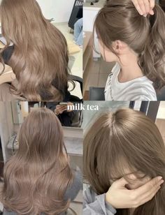 Cute Hair Colour Ideas, Matcha Haircolor, Asian Milk Tea Hair, Bubble Tea Hair Color, Hachi Hair Color, Hair Dye Ideas Aesthetic, Non Bleach Hair Color, Basic Hair Color, Bleaching Hair Ideas