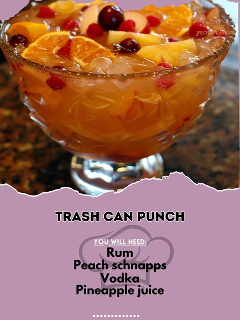 🍹 Mix up some fun with Trash Can Punch! 🍹 #PartyPunch #FunDrinks Trash Can Punch Ingredients: Vodka (2 cups) Rum (2 cups) Peach schnapps (1 cup) Pineapple juice (4 cups) Orange juice (4 cups) Cranberry juice (4 cups) Sprite (2 liters) Fresh fruit slices (for garnish) Ice (as needed) Instructions: In a large punch bowl, combine vodka, rum, peach schnapps, pineapple juice, orange juice, and cranberry juice. Stir well. Add ice and Sprite just before serving. Garnish with fresh fruit slices. ... Trash Can Punch, Vodka And Pineapple Juice, Fruit Slices, Yummy Alcoholic Drinks, Party Punch, Peach Schnapps, Snack Treat, Fruit Slice, Drinks Alcohol Recipes