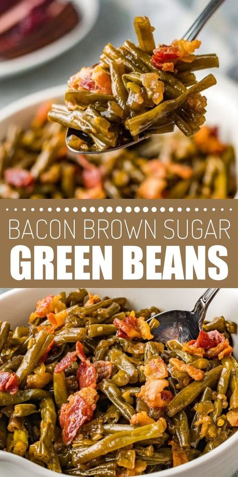 Collage of closeup shot of spoonful of brown sugar bacon green beans at top and bowlful of brown sugar bacon green beans at botom. Snipped Green Beans Recipe, Crockpot Recipes Green Beans, Candied Green Beans, Ways To Cook Green Beans, Italian Green Beans With Bacon, Crockpot Green Beans And Bacon, Cheddars Restaurant Green Beans Recipe, Mississippi Green Beans, Raw Green Bean Recipes