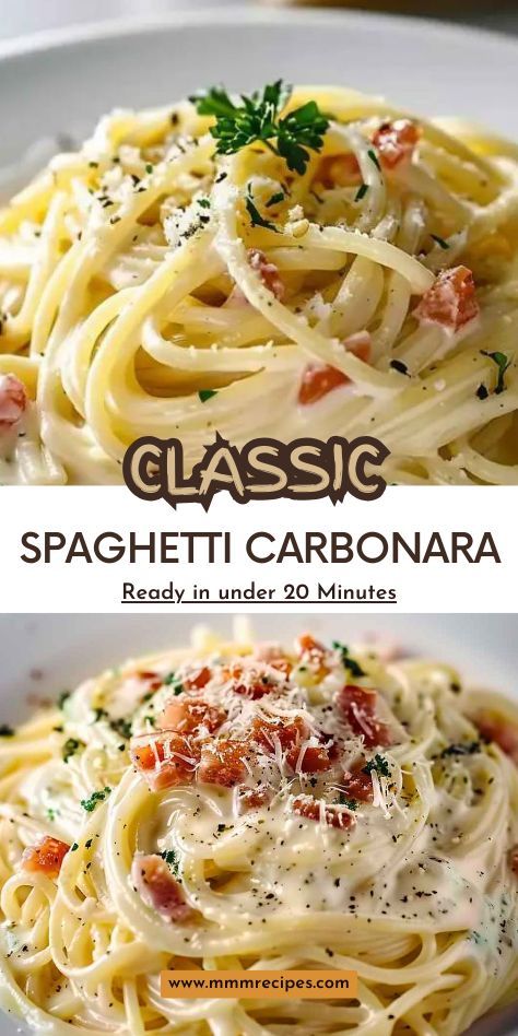 This classic spaghetti carbonara is rich, creamy, and oh-so-delicious! Made with just a handful of simple ingredients—crispy pancetta, eggs, parmesan, and pasta—it’s an easy yet indulgent dish that comes together in minutes. The velvety sauce coats each strand of spaghetti for a restaurant-worthy meal right at home. Perfect for a cozy dinner or when you want to impress with minimal effort! Ready to dig in? Click for the full recipe and bring the taste of Italy to your table! Spaghetti Carbonara Recipe Creamy, Egg Sauce Pasta, Easy At Home Meals Dinners, Spicy Carbonara Pasta, Pasta Carbonara Recipe Easy, Carbonara Sauce Recipe Creamy, Leftover Spaghetti Sauce Ideas Dinners, Pasta Bowls Recipe, Spaghetti Carbonara Easy