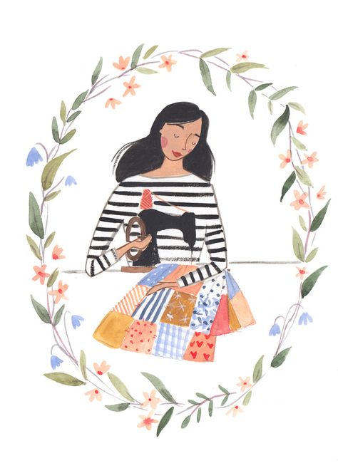 Homemakery - Spring Block Illustration, Emma Block, Woman Sewing, Sewing Machine, Branding, Sewing, Fabric, Clothes