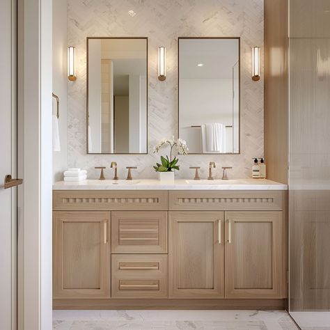 Master Bath Remodel Separate Vanities, Florida Master Bathrooms, Master Bath Stand Up Shower Ideas, Light Brown Cabinets Bathroom, Shea Mcgee Bathroom Ideas, Luxury Coastal Bathroom, Modern Traditional Master Bath, Cream Tile Bathroom Ideas, Bathroom Latest Design