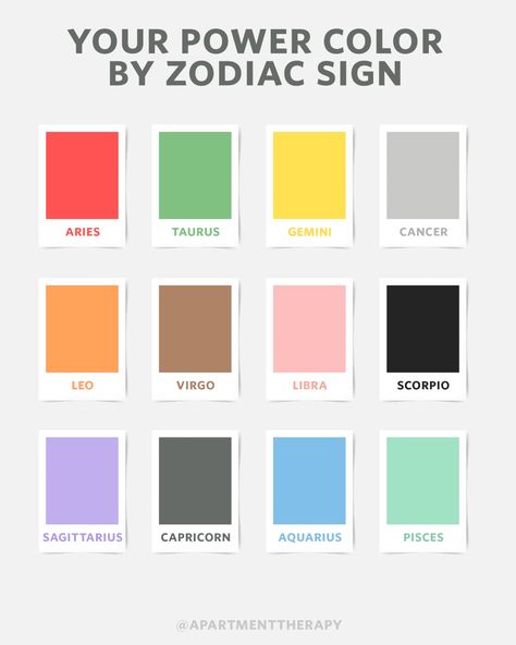 The Best Color For Every Zodiac Sign | Apartment Therapy Zodiac Colors, Zodiac Signs Colors, Zodiac Sign Fashion, Zodiac Signs Chart, Zodiac Sign Necklace, Zodiac Sign Traits, Zodiac Signs Aries, Power Colors, Sagittarius And Capricorn