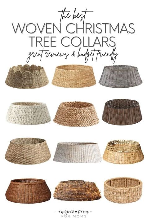 Looking for a stylish Christmas tree collar? I have over 35+ great styles from woven, to wood or even metal. Find the perfect look for the holiday season! See all the tree collars here: https://inspirationformoms.com/christmas-tree-collar-ideas/ #christmasdecor #treecollars #holidaydecor Christmas Tree Wicker Collar, Flocked Tree Collar, Seagrass Christmas Tree Collar, Christmas Tree With Tree Collar, Wicker Tree Collar, Christmas Tree Stand Cover Ideas, Cottage Christmas Tree Ideas, Woven Tree Collar, Tree Collars Christmas