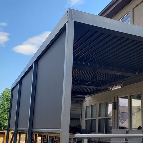 Why Invest in a Motorized Pergola Screen? ⋆ Denver Pergola Motorized Pergola, Pergola Screens, Shade Screen, Louvered Pergola, Motorized Shades, Retractable Pergola, Outdoor Blinds, Aluminum Blinds, Aluminum Pergola