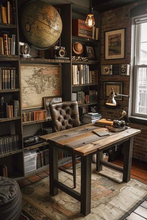 29 Street Style Room Ideas for an Edgy Urban Aesthetic 11 Steampunk Study Room, Steampunk Office Ideas, Explorer Office, Study Room Ideas For Men, Vintage Office Design, Eclectic Street Style, Mens Study, Style Room Ideas, Cosy Study