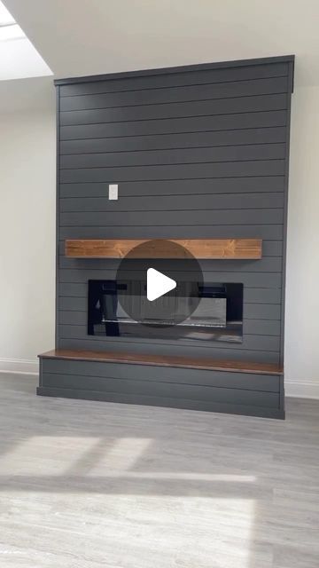 Mantel On Shiplap Wall, 3 Sided Fireplace With Shiplap, Shiplap Linear Fireplace With Tv, Floating Shelves With Fireplace, Shiplap Fireplace With Bench, Pine Mantle Fireplace, Shiplap Fireplace Wall Diy, Diy Fireplace Bench, Bedroom Shiplap Fireplace