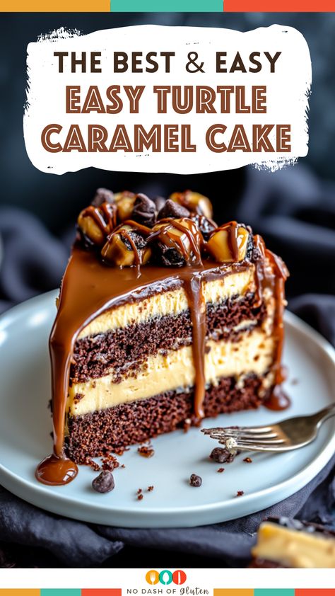 This Easy Turtle Caramel Cake is rich, decadent, and full of layers—chocolate cake, gooey caramel, crunchy pecans, and velvety fudge frosting. It's the perfect treat for any celebration or just because! Simple to make, but it tastes like you spent hours in the kitchen. Save this recipe and surprise your family with a slice of indulgence! Red Velvet Caramel Cake, Bourbon Caramel Cake, Turtle Layer Cake, Caramel Swirl Cake, Turtle Caramel Cake Recipes, Yellow Cake With Chocolate Ganache, Turtle Chocolate Cake, Gooey Chocolate Caramel Turtle Cake Roll, Turtle Caramel Cake