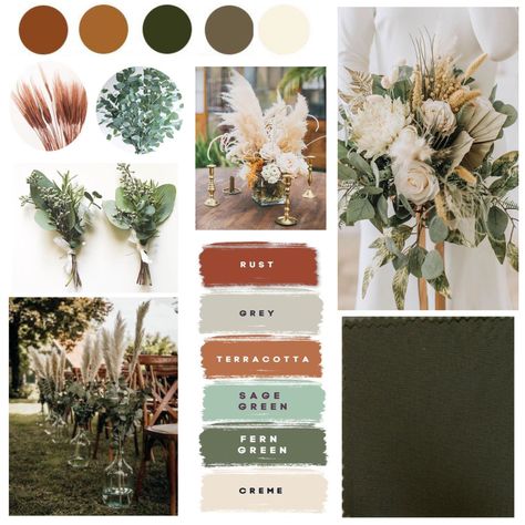 Fall Wedding Colors Eucalyptus, Terracotta Cream And Sage Wedding, Bohemian Green Wedding, Shades Of Green Fall Wedding, Rust And Sage Bouquet, Sage And Cinnamon Wedding, Earthy Tones Wedding Flowers, Wedding Color Palette Rustic, Rustic Wedding Color Pallet Ideas