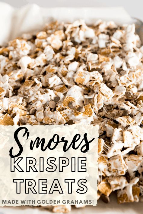 Smores Bars are a no bake treat made of Golden Grahams, marshmallows, butter and chocolate chips. From start to belly in less than 15 minutes, you'll want to keep this recipe handy! |Cooking with Karli| Golden Graham Rice Crispy Treats, Essen, Smores Crispy Treats, Smores Marshmallow Treats, Smores Treats Golden Grahams, Smores Appetizer, Smores Krispie Treats, Smores Halloween Treats, Indoor Smores Golden Grahams