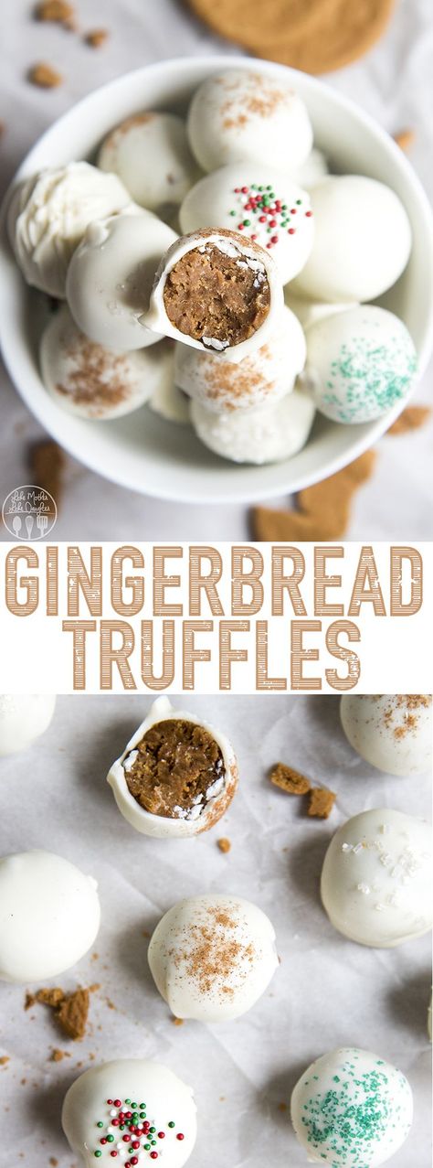 Gingerbread Truffles are a delicious treat, made with only 4 ingredients! They've got the great flavors of ginger snap cookies all dipped in white chocolate in a delicious bite sized treat, perfect for the holidays! Gingerbread Truffles Recipe, Gingerbread Truffles, Bread Balls, Gingerbread Dessert, Truffles Recipe, Candy Recipes Homemade, Gingerbread Recipe, Ginger Snap Cookies, Ginger Snap