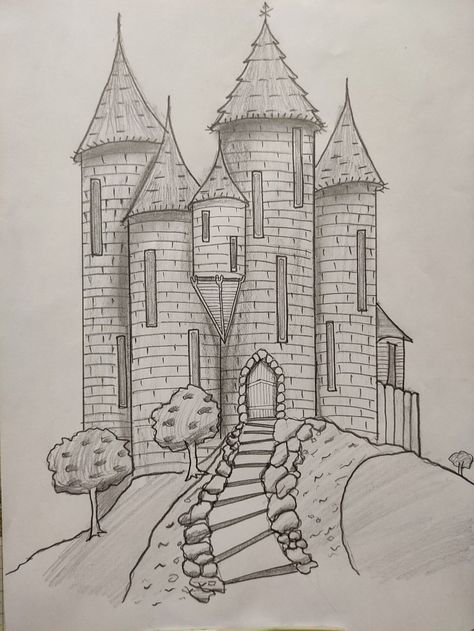 Castle on top of a castle Castle On Hill Drawing, Small Castle Drawing, How To Draw A Castle, Fortress Drawing, Castle Drawing Easy, Castle On A Hill, Castle Sketch, Gingerbread Castle, Map Drawing