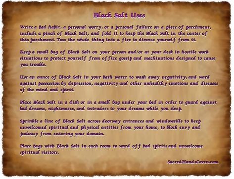 Additional Uses for Black Salt from Sacred Hands Coven How To Make Black Salt Recipe, Black Salt Uses, How To Make Witches Black Salt, Black Salt Spells, Blue Salt Witchcraft, Different Salts Witchcraft, Salt Magick, Salt Witchcraft, Black Salt Ritual