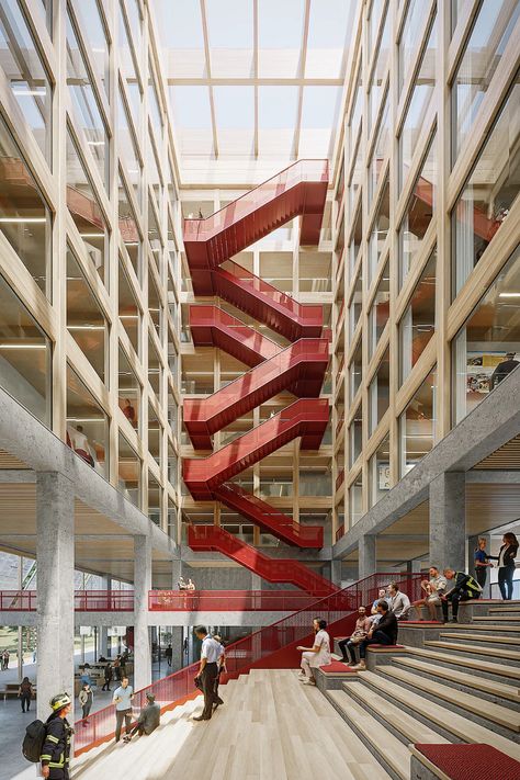 Atrium academy building © HENN Academy Building, Rendered Houses, Atrium Design, Campus Design, China City, Arch Architecture, Stairs Architecture, Timber Structure, Famous Architects