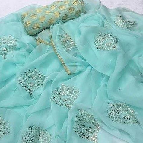 Plain Chiffon Saree, Sky Blue Saree, Gota Patti Saree, Kalamkari Blouse, Pure Chiffon Sarees, Pure Georgette Sarees, Indian Saree Blouse, Indian Gowns Dresses, Pure Chiffon