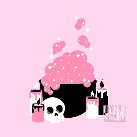 Cute Witch Cauldron, Pastel Halloween Drawing, Bubbling Cauldron Drawing, Pastel Halloween Art, Halloween Illustration Cute, Kawaii Halloween Art, Pink Cauldron, Cauldron Drawing, Cauldron Illustration