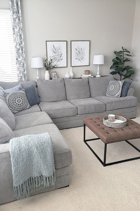 How To Design Your Grey Modern Farmhouse Living Room Grey Living Room With Colorful Rug, Coastal Living Room With Grey Sectional, Couch And Love Seat Small Living Room, Grey Couch Coastal Living Room, Coastal Living Room Grey Couch, Gray Sectional Living Room, Blue Grey Living Room, Grey Sofa Living Room, Earthy Living Room