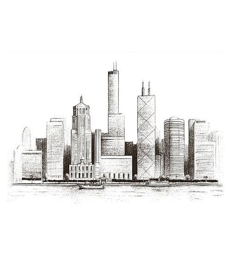 See the detailed pencil sketch of the Chicago skyline with its iconic skyscrapers and buildings. This detailed cityscape art captures the beauty and architecture of Chicago in a classic style Chicago Buildings Drawing, Chicago Skyline Sketch, Week Drawing Challenge, Chicago Skyline Drawing, Chicago Drawing, Chicago Skyline Tattoo, City Skyline Drawing, Places Artwork, Skyline Tattoo