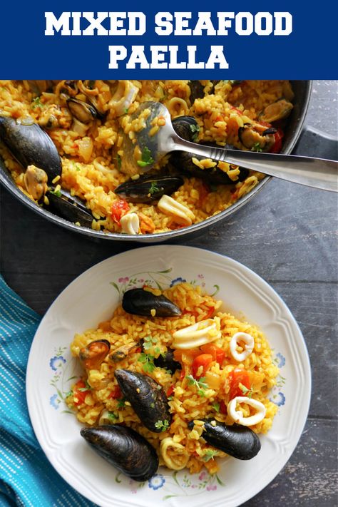 Easy Seafood Paella made with mixed frozen seafood and a touch of turmeric, a quick and easy recipe for a delicious midweek dinner. It's hearty and full of colour, and on the table in 30 minutes or so. Frozen Sea Food Mix Recipes, Mixed Seafood Paella Recipe, Mixed Seafood Rice Recipe, Paella Seafood Recipes, Sea Food Mix Recipes, Recipes Using Frozen Mixed Seafood, Mixed Seafood Recipe Frozen, Frozen Seafood Recipes, Seafood Mix Recipes Dinners