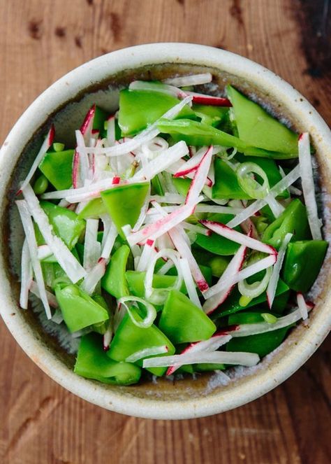 Recipe: Ellie Krieger's Snow Pea, Scallion & Radish Salad — Recipes from The Kitchn | The Kitchn Snow Pea Salad, Snow Peas Recipe, Ellie Krieger, Snow Pea, Radish Recipes, Roasted Radishes, Csa Recipes, Radish Salad, Pea Salad