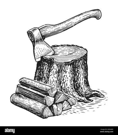 Download this stock vector: Ax sticks out in tree stump and firewoods. Wooden logs and timber. Natural lumber, carpentry materials set. Woodworking - 2K0H4ER from Alamy's library of millions of high resolution stock photos, illustrations and vectors. Log Drawing, Wood Tattoo, Timber Logs, Wood Stumps, Water Tattoo, Wood Trunk, Wooden Log, Fairytale Illustration, Sketch A Day