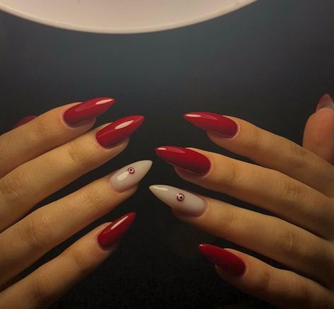 Evil Eye Red Nails, Red Nails With Evil Eye, Evil Eye Nails Red, Devils Eye Nails, Red Evil Eye Nails, Nails For Red Dress Ideas, Devil Nails Designs, Evil Eye Nails Design, Evil Nails