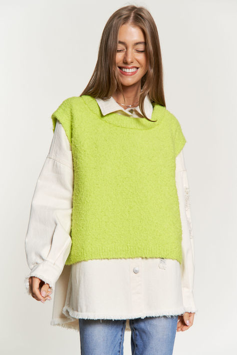 Introducing our Neon Green Sweater Vest—a versatile piece for your seasonal wardrobe! This sleeveless wonder effortlessly styles up for Thanksgiving, offering the perfect cold game day outfit. Mix and match with yoga pants for a cozy fall look, ideal for teens seeking trendy outfits. Transition it seamlessly for your Christmas party ensemble or a cute date night outfit this fall. Cold Game Day Outfit, Neon Green Sweater, Cute Date Night Outfits, Green Sweater Vest, Oversized Vest, Sweater Vest Women, Gameday Outfit, All Black Outfit, Cool Sweaters