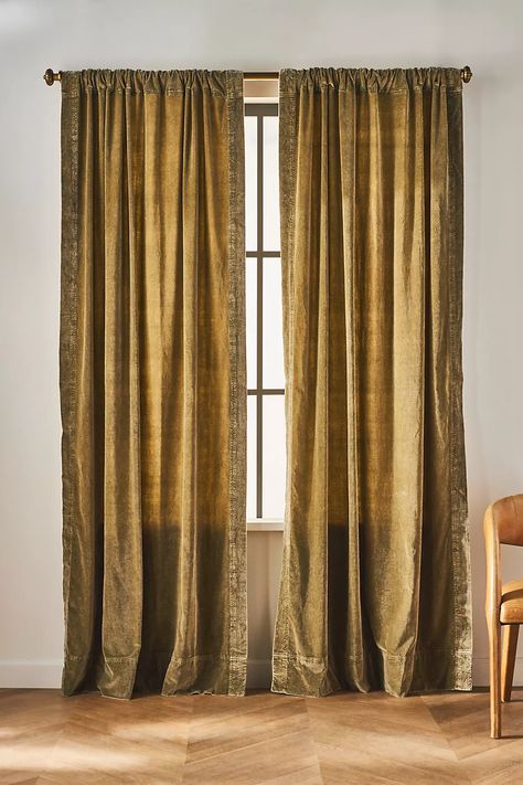 Trova Velvet Curtain | Anthropologie UK Chartreuse Curtains, Spanish Style Dining Room, Gold Velvet Curtains, Apartment Nursery, Chenille Curtains, Unique Curtains, Velvet Drapes, Double Rod Curtains, Gold Curtains