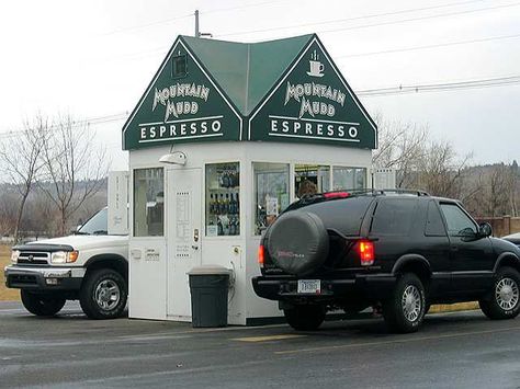 Drive through coffee stands on EVERY corner! Shed Restaurant Design, Small Drive Thru Coffee Shop, Drive Thru Coffee Stand, Drive Through Coffee Shop, Coffee Drive Thru, Mobile Coffee Cart, Tea Room Decor, Drive Thru Coffee, Mobile Coffee Shop