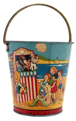 Beach Pail, Mermaid Girls, Building Sand, Punch And Judy, Vintage Bucket, Tin Cans, Price Sticker, Beach Kids, Beach Scene