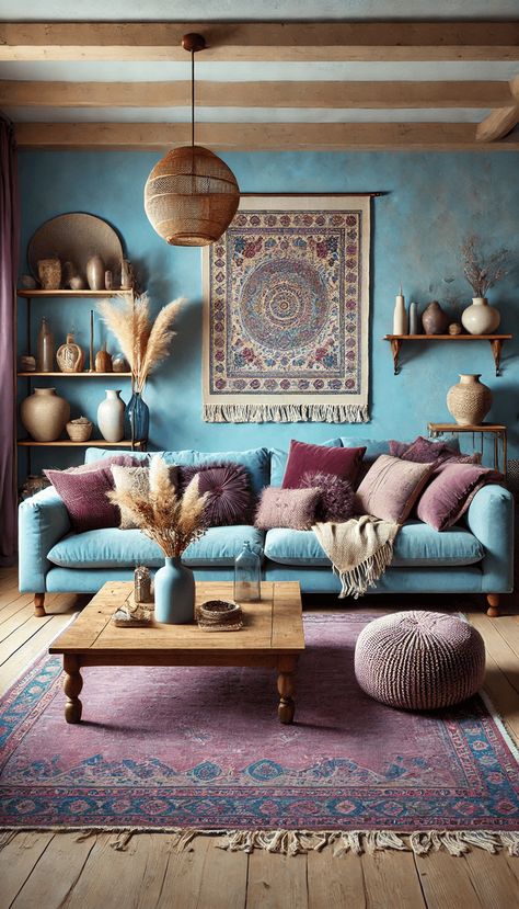 Interior Design Living Room Eclectic, Blue And Plum Living Room, Blue And Purple Interior Design, Teal Interior Design Living Rooms, Calm Living Room Decor, Blue Boho Living Room, Turquoise Living Room, Boho Living Rooms, Purple Interior Design