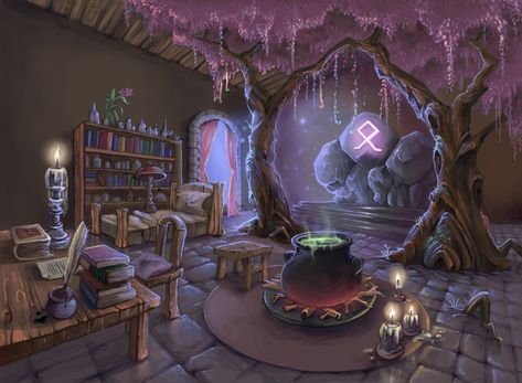 ArtStation - A Wizard's Living Room, Stefanie Arndorfer Magic Room Fantasy Art, Witch House Concept Art, Fantasy Room Concept Art, Room Fantasy Art, Witches Room, Dnd Room, Fantasy Room, Witch Room, Fantasy Wizard